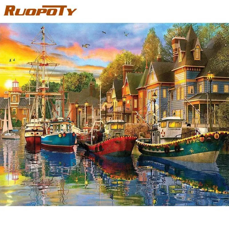 RUOPOTY Frame Picture Diy Painting By Numbers Kit Harbour Landscape Boat Picture With Numbers Handpainted For Diy Gift