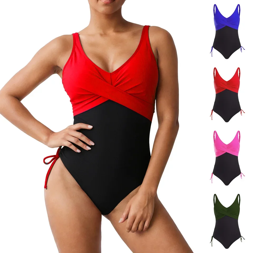 Women 1 Piece Swimsuit Lady Girls Color Block Print Bathing Suits Athletic Swimwear Costume Padded New High Elastic Bikini Set