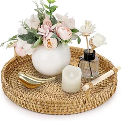 Simulated Woven Rattan Storage Tray Basket With Wooden Handle Bread Basket Tray Fruit Wicker Tray Coffee Table Decorative Tray