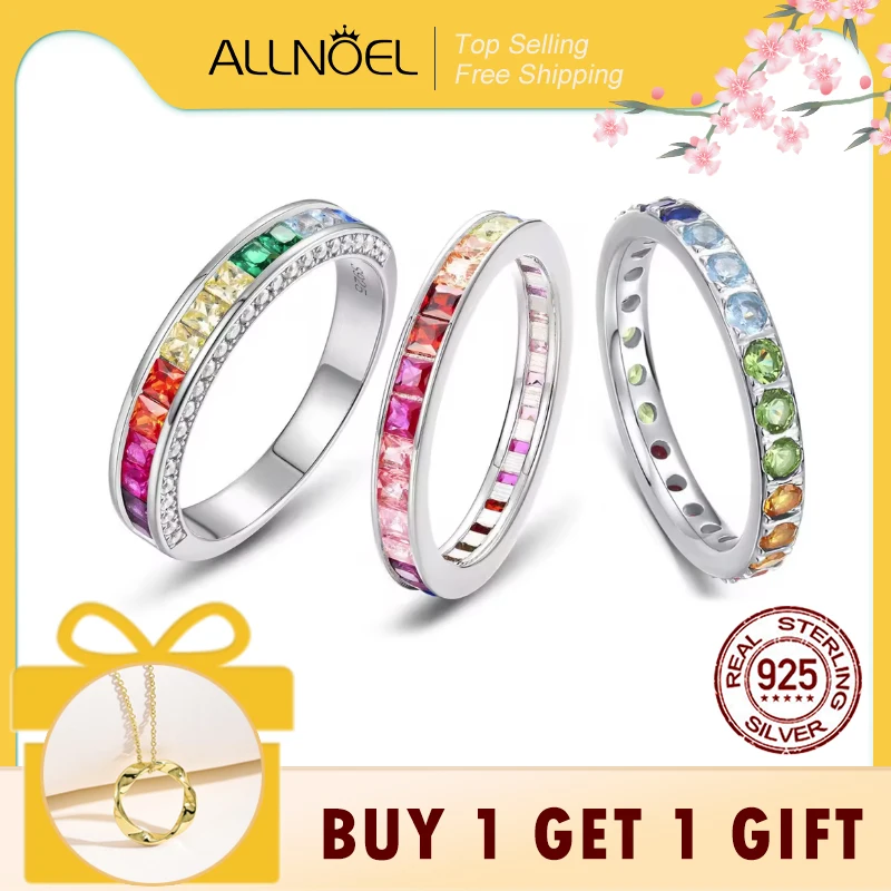

ALLNOEL 100% 925 Sterling Sliver Eternity Finger Rings for Women Rainbow Zircon Colorful CZ Engagement Wedding Band Jewelry Gift