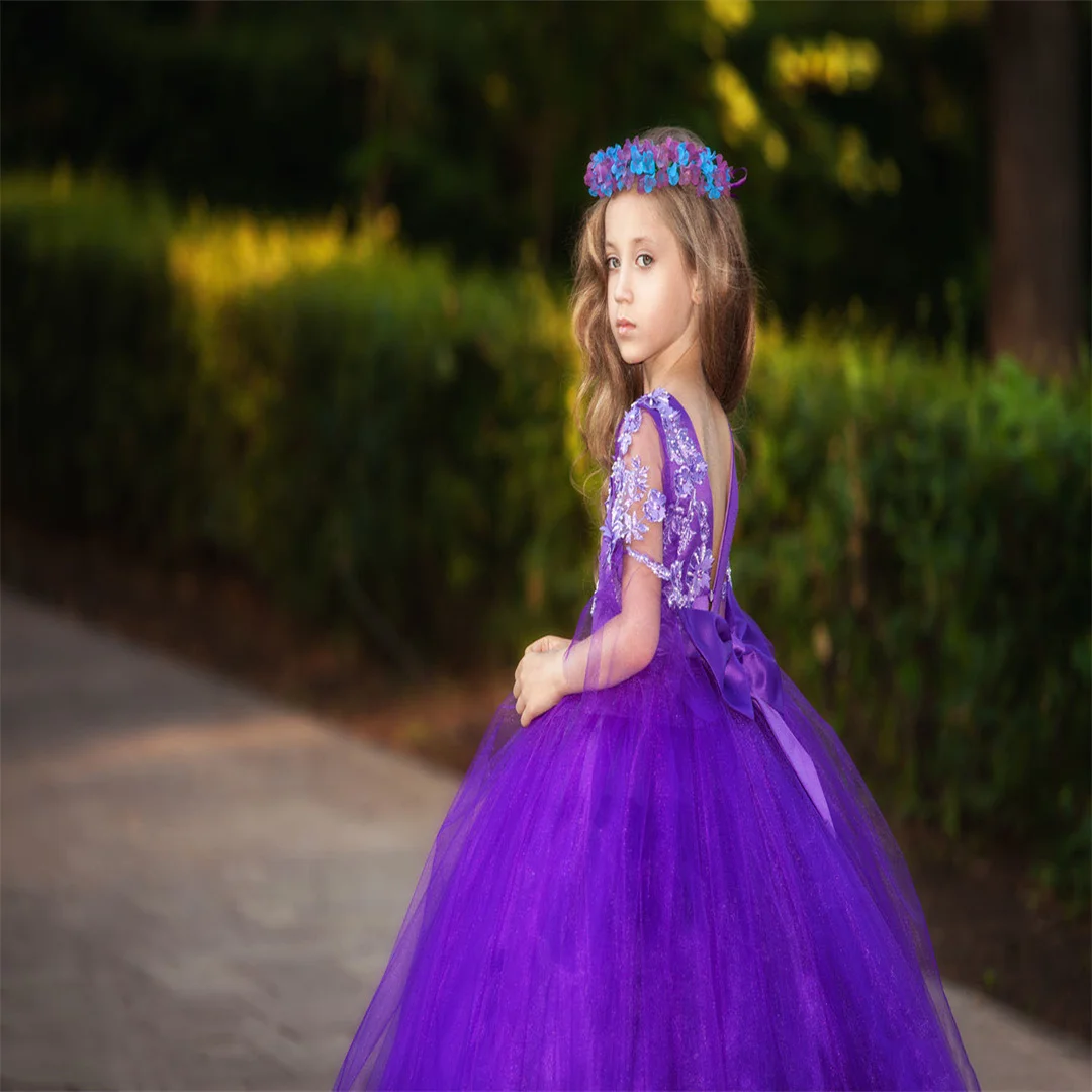 فساتين زفاف عيد الميلاد للفتيات على شكل زهرة أرجوانية برقبة جوهرة أول فستان للمناولة المقدسة تول فستاين سهرة/فساتين الحفلات للأطفال رسمية
