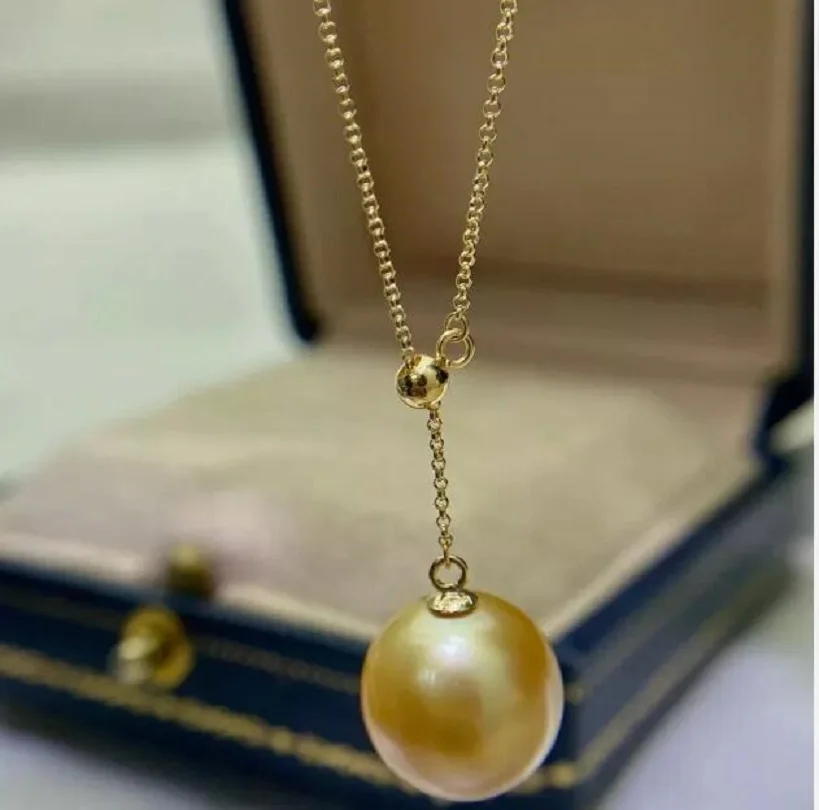 Fine Jewelry AAAA++10-11mm Nanhai Gold Pearl Pendant Necklace 18 inches 925S