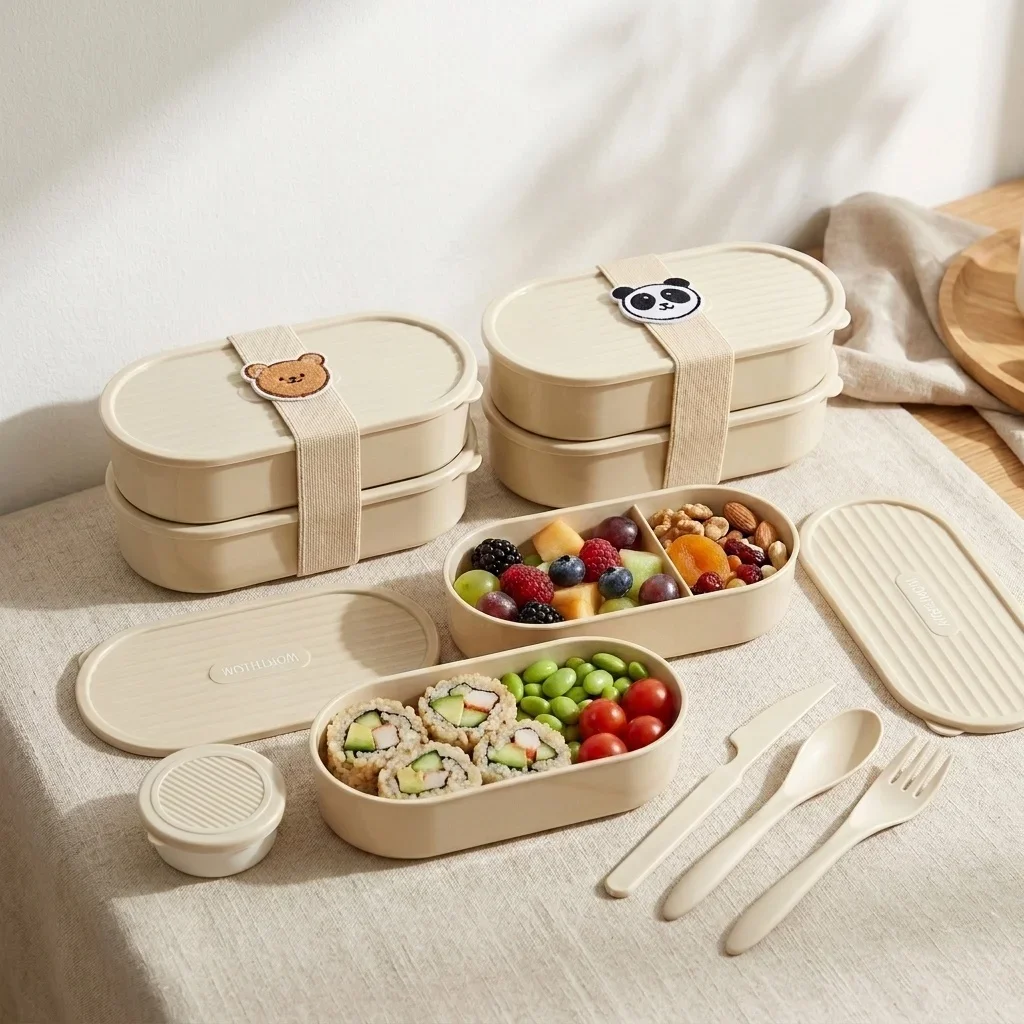 Double Layer Oval Lunch Box With Cute Strap Reusable Plastic Bento Box Kids Students School Food Container Microwave Safe