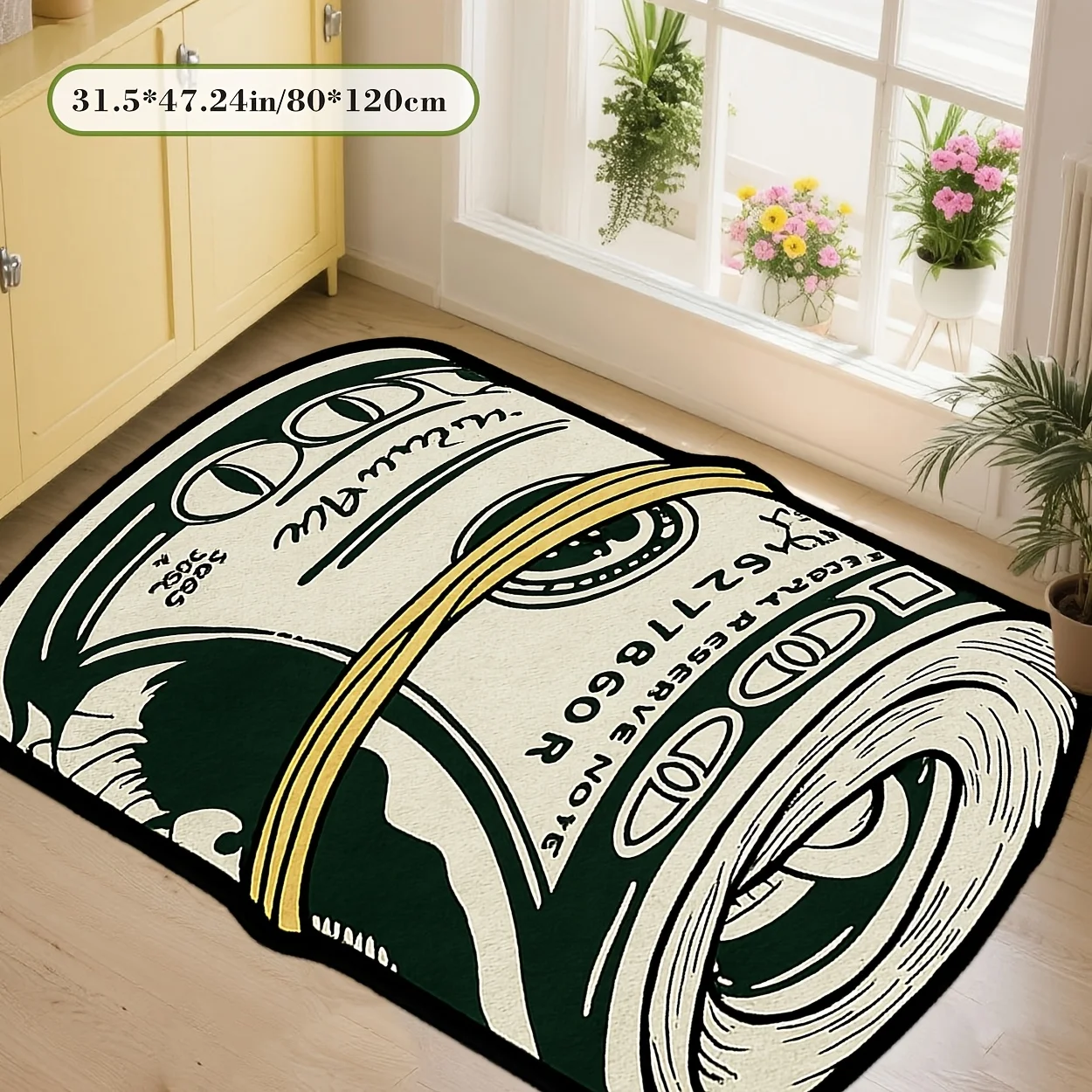 VIKAMA Creative Roll US Dollar Banknote Long Plush Rug - Cute Japanese Style Non-Slip Mat for Bedroom Bedside, Entrance