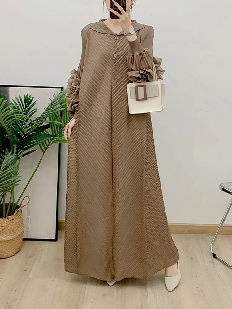 LANMREM Floral Pleated Dress For Women Lapel Long Sleeves Maxi Style Loose Elegant Dresses Female Party Clothing 2DB1972