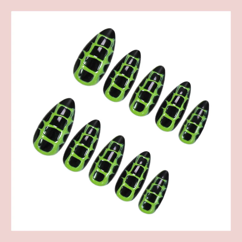 24 Stück Nägel zum Aufdrücken, neue grüne, verschmierte, karierte französische Mandel-Kunstnägel, europäischer und amerikanischer Stil, Farbverlauf, tragbare künstliche Nägel, Diego Diego Diego