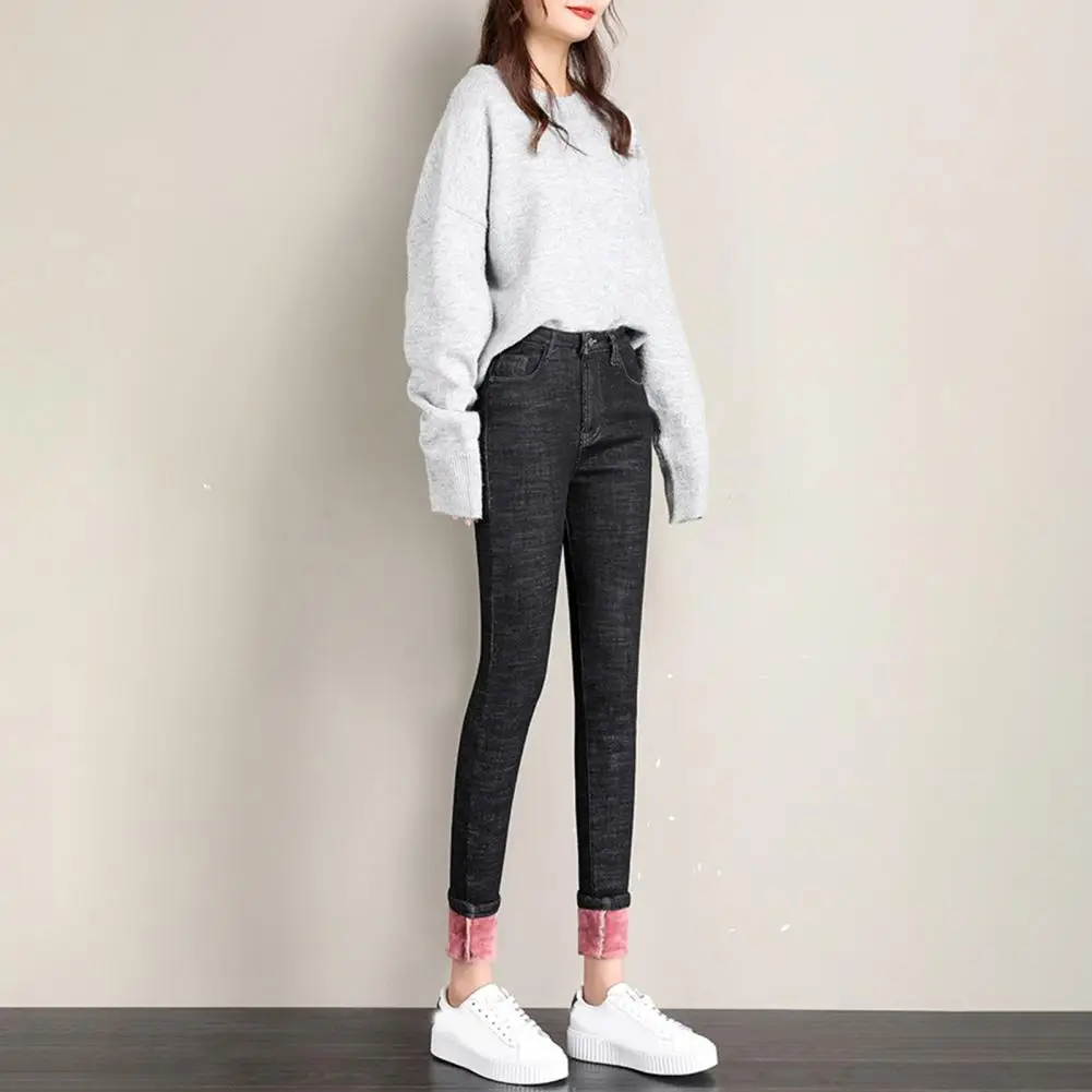 Slim Fit Jeans Cozy Winter Women's High Waist Fleece-lined Jeans Stylish Pencil Pants with Elastic Waistband Functional Pockets