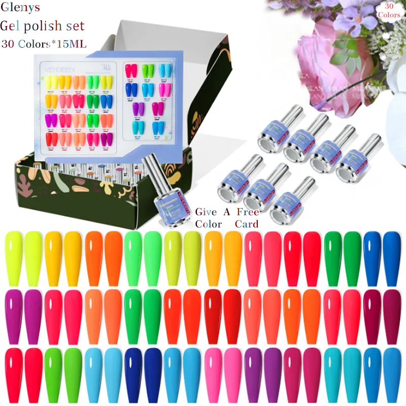 

Glenys 30 color nail polish glue popular semi permanent immersion gel color card UV LED nail salon art varnish set 15ml