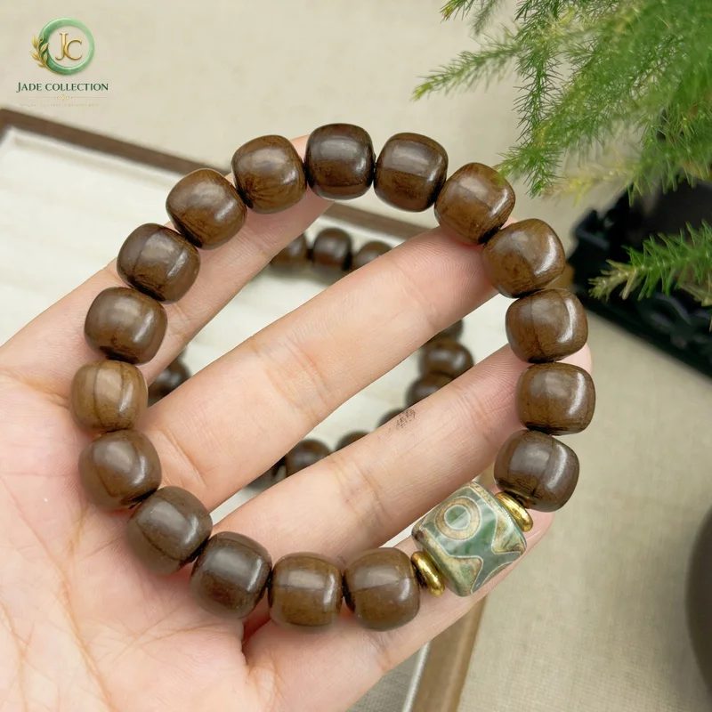 Tibetan-style six-strand wood single-loop bracelet for men, made from old wood with full grain, featuring dragon-repellent wood