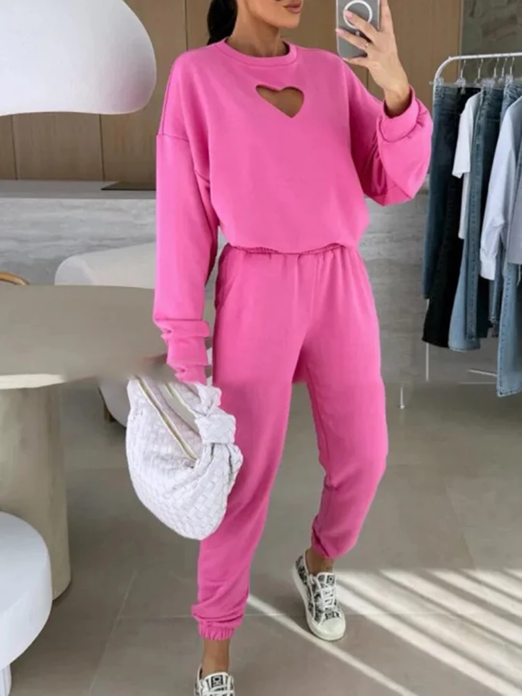 Feminino o pescoço manga comprida moletom e calças 2 peça conjunto simples casual outono terno esportivo novo 2025 solto roupa de fitness