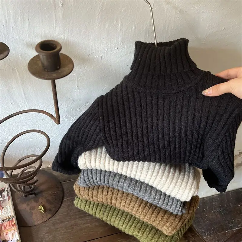 Children\'s Solid Color Bottoming Sweater 2023 Autumn and Winter New Girls Thickened Turtleneck Knit Sweater Baby Warm Inside