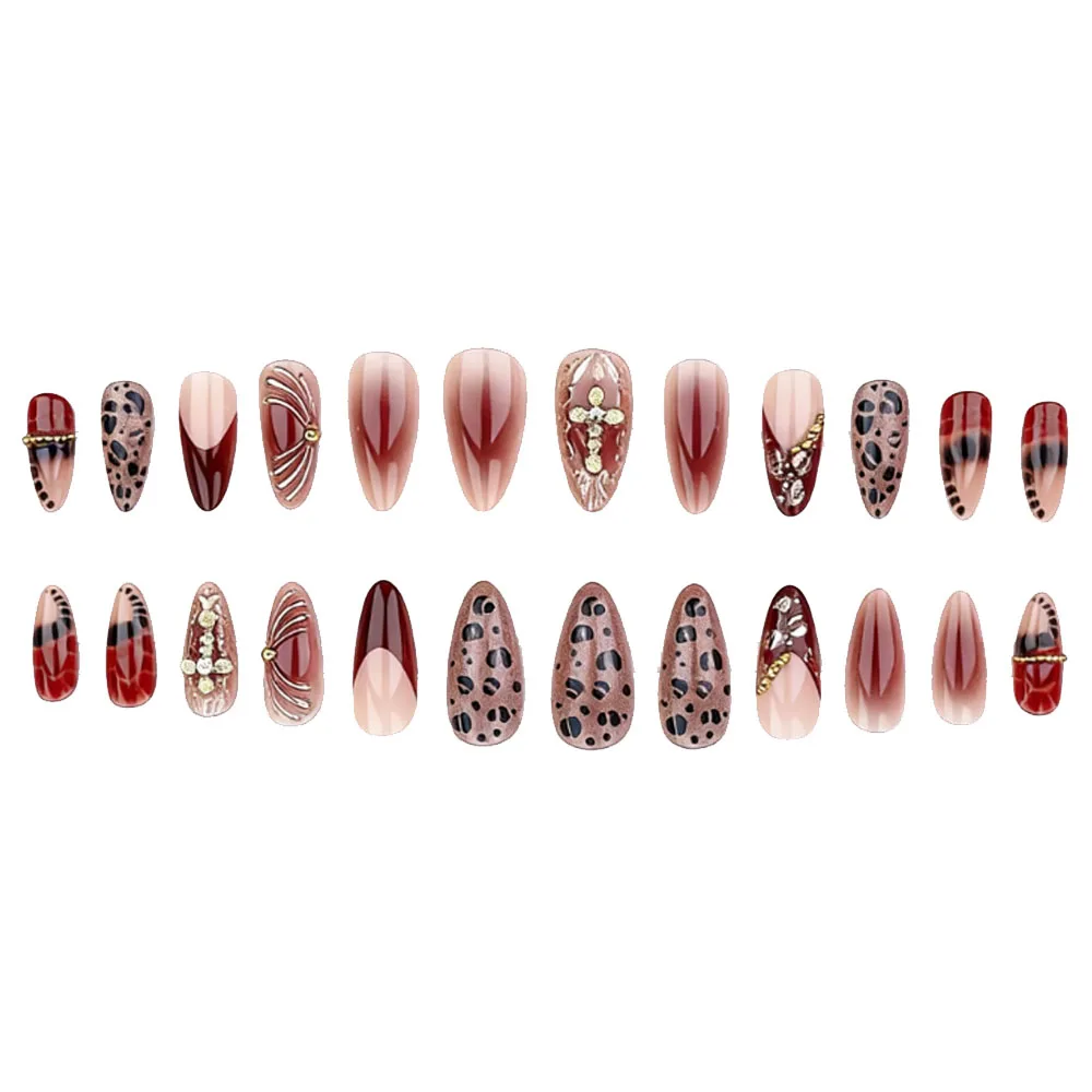 Gradient wine red brown fake nails with cross rhinestones leopard printing Almond nail tips full cover reusable press on nails view 6