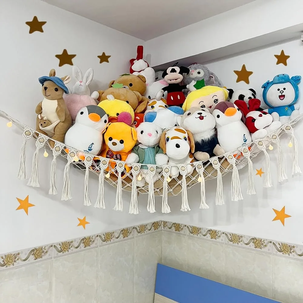 

Large Stuffed Animal Net or Hammock, Boho Macrame Toy Hammock with LED Lights, Decorate Room Space Saving Pet Net