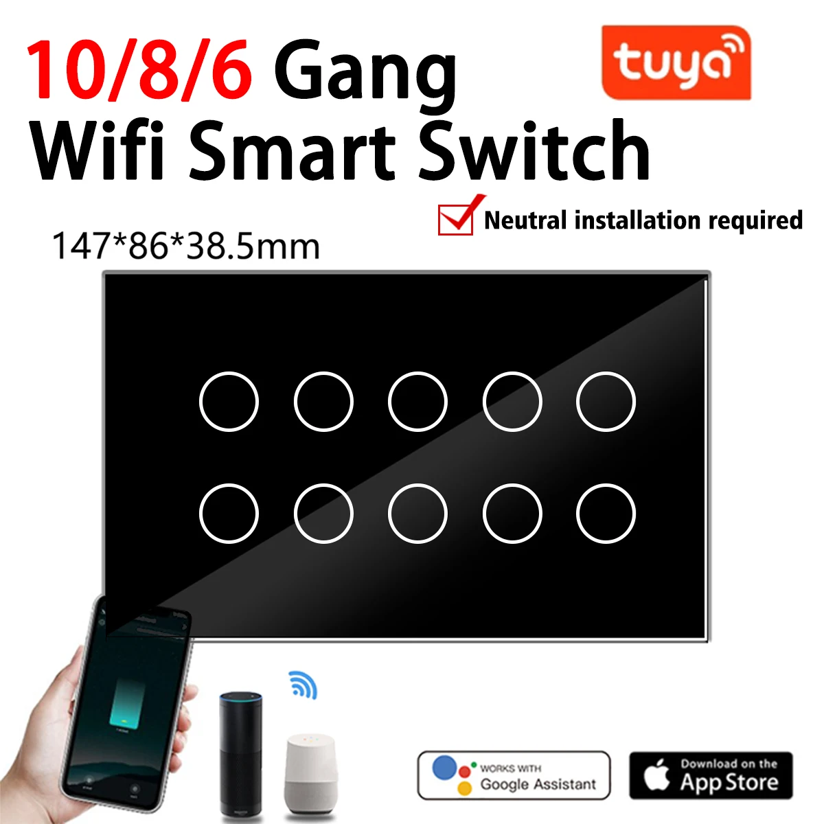 Tuya 10/8Gang Wifi Smart Touch Light Wall Switch Glass Panel Tuya App Compatible with Alexa Google Home Whole House Control