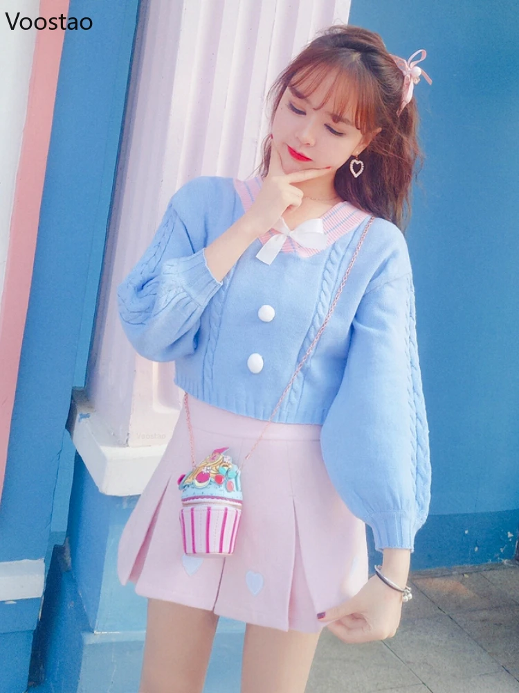 Korean Sweet Lolita Women V-Neck Knitted Pullovers Vintage Loose Jumper Cute Bow Japanese Girls Preppy Style Sweater Crop Tops