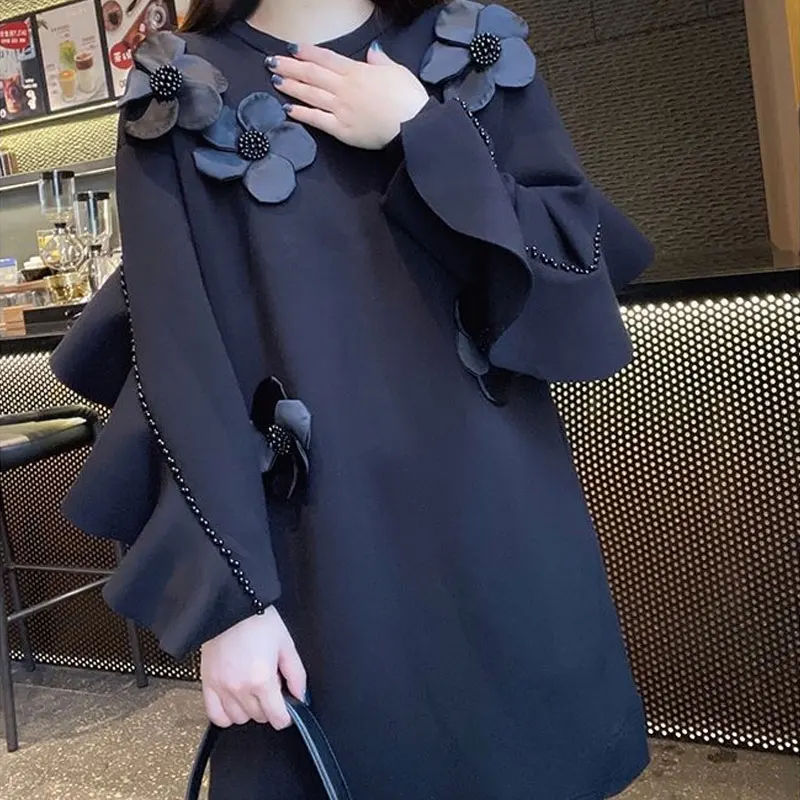 Spring Autumn Beading Ruffles Spliced Sweatshirts Female Clothing Chic Floral Three-dimensional Decoration O-Neck Midi Pullovers