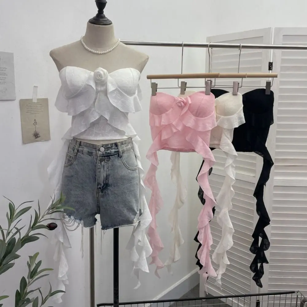 Fashionable Ribbon Design Camisole Asymmetric Fringe Beautiful Design Tube Top Flower Pattern Fitted Tops Women