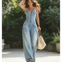 2026 Washed Denim Overall Jumpsuit  High Waist Loose Straight Leg  Breathable & Stretchy  Perfect for Casual Summer - Image 4