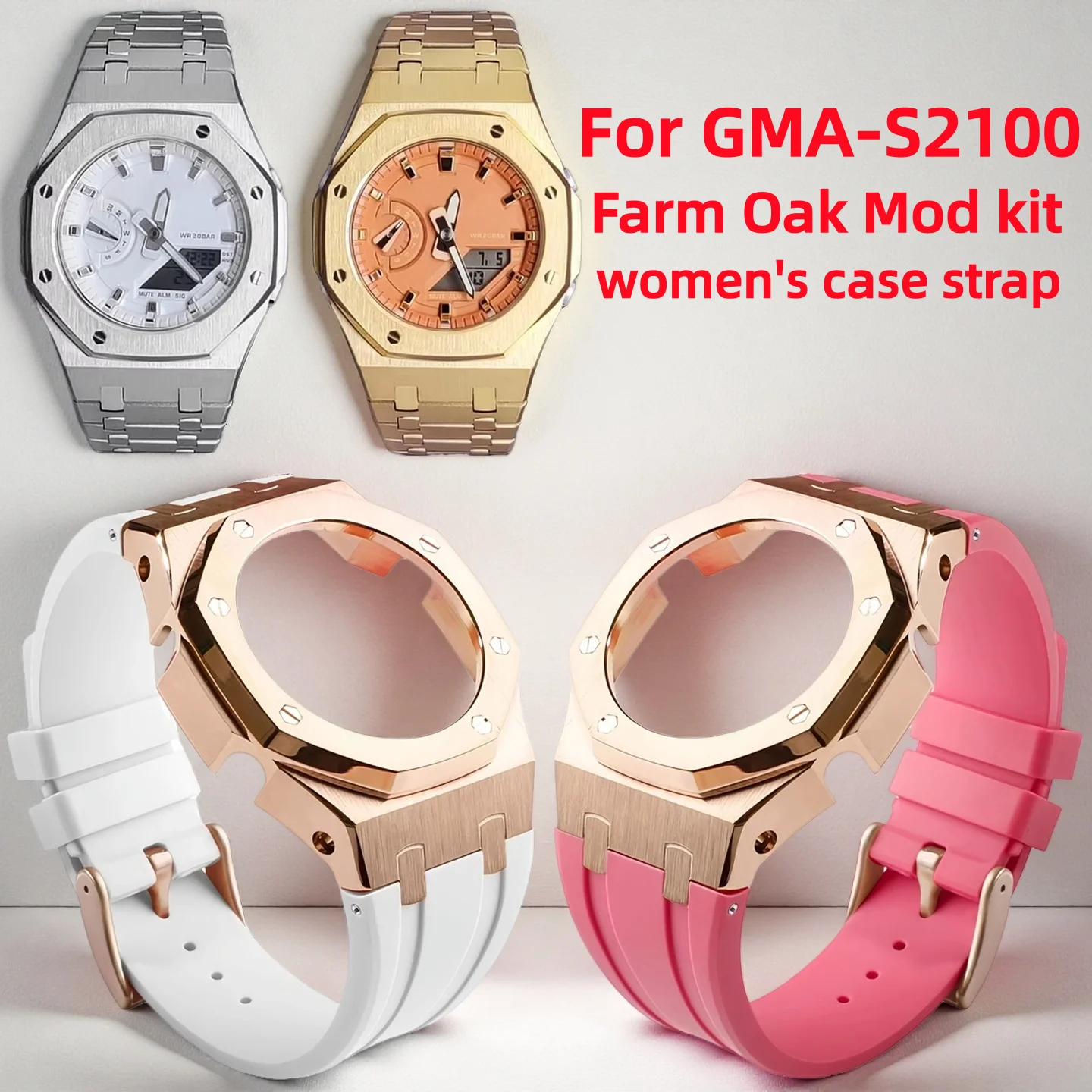 Kit de Modificación para Casioak GMA-S2100, para Casio G-SHOCK GMAS2100, Caja de Acero Inoxidable Modificada para Mujer, Correa de Reloj de Metal, Correa de Reloj de Goma