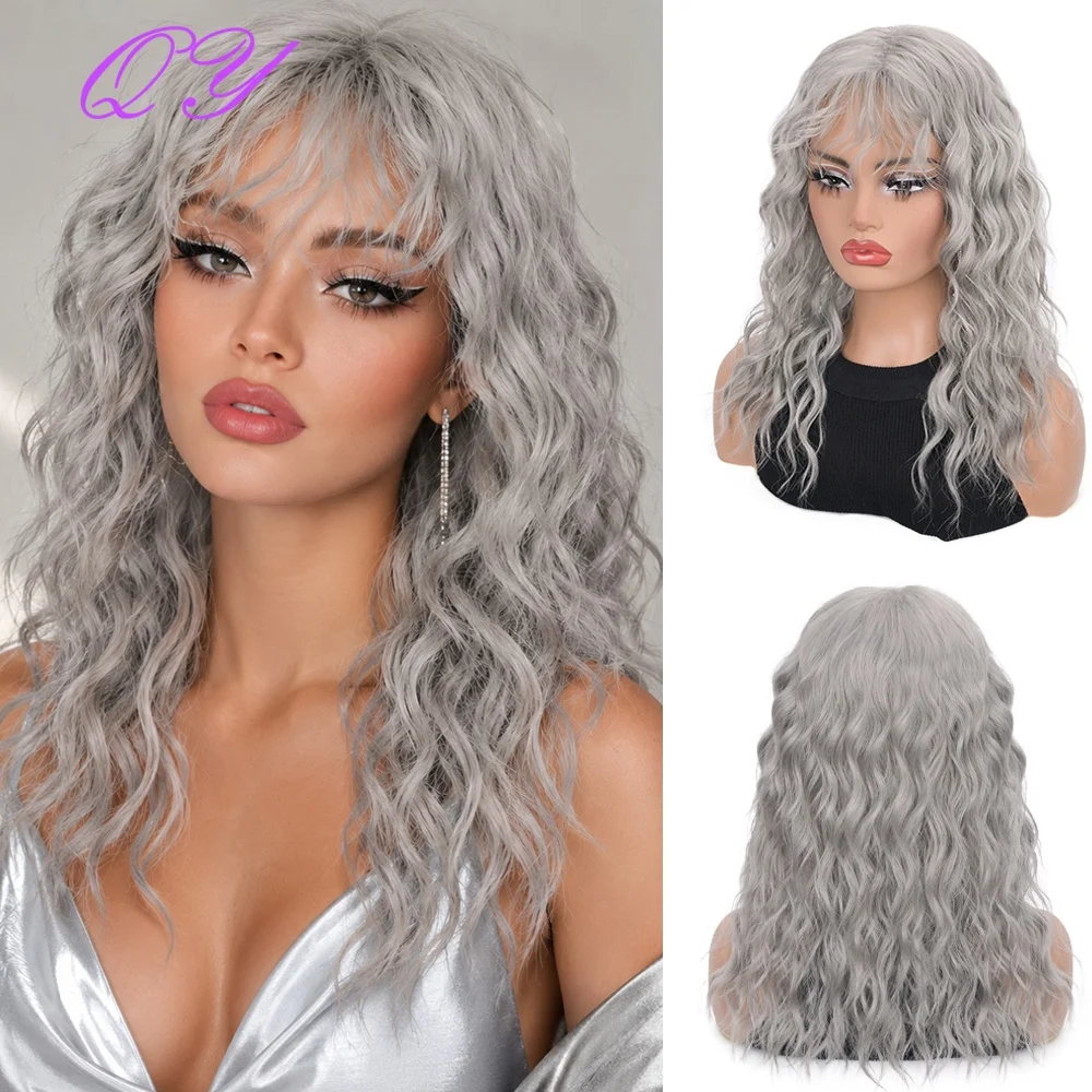 Silver Gray Wavy Synthetic Wig With  Bangs for Woman, Flattering All Face Shapes, For Daily, Parties & Cosplay Use