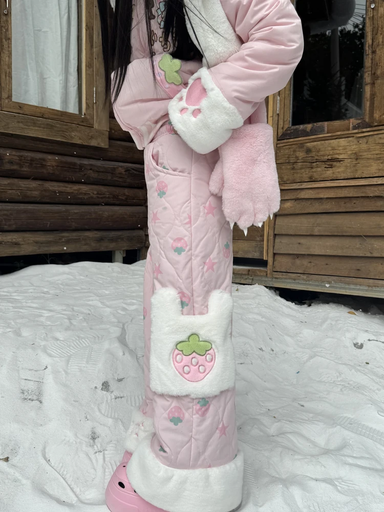 Autumn Winter New Japanese Style Soft Girl Sweet Cute Casual Pink Strawberry Embroidery Straight Warm Long Cotton Pants