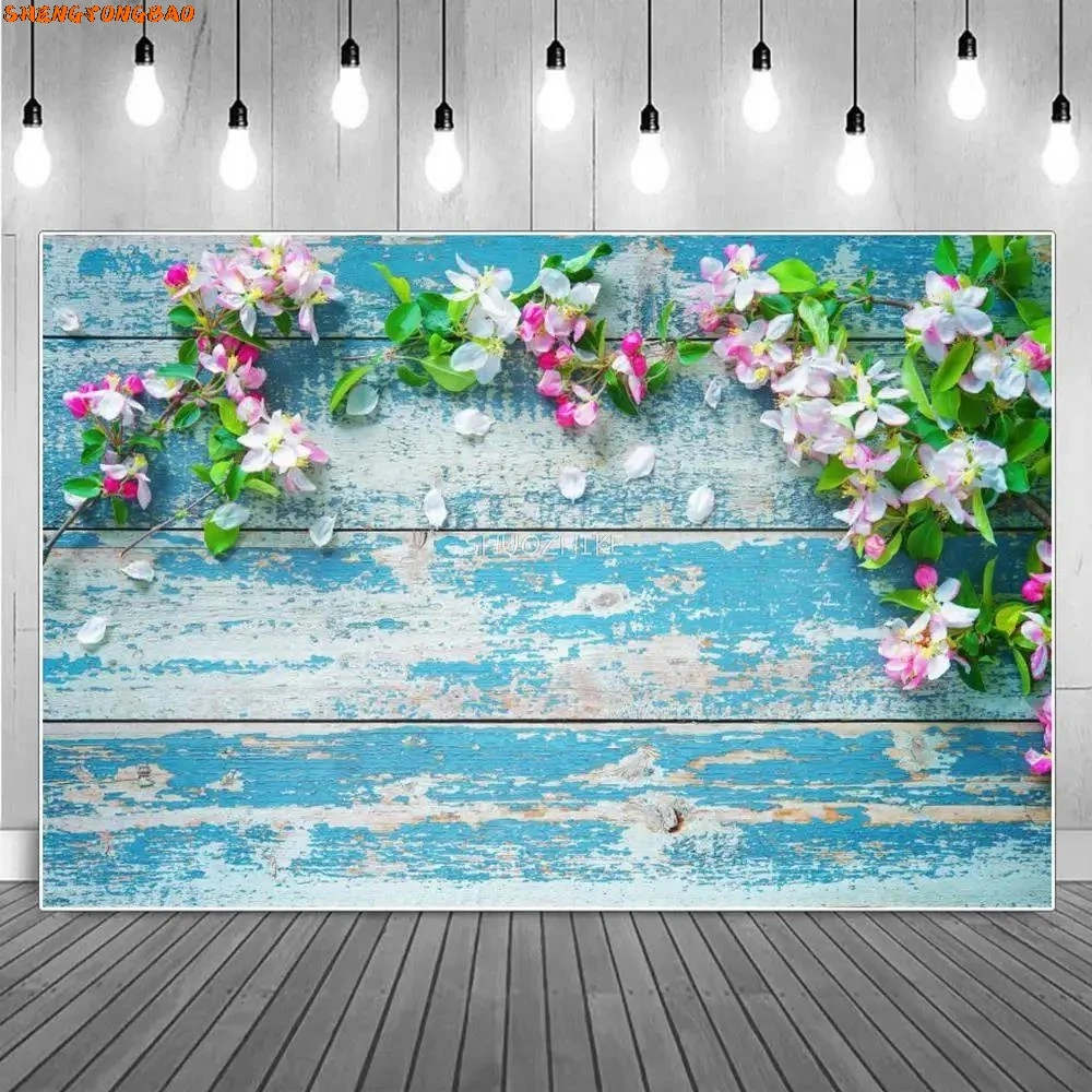 Flower Wooden Food Subject Backdrop for Photo Shoot Blue Wood Board Product Photo Background Spring Floral Shooting Prop