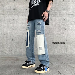 Jean à Jambes Droites en Coton Déchiré pour Homme, Streetwear Américain, Baggy, Long, Patchwork, Jeune