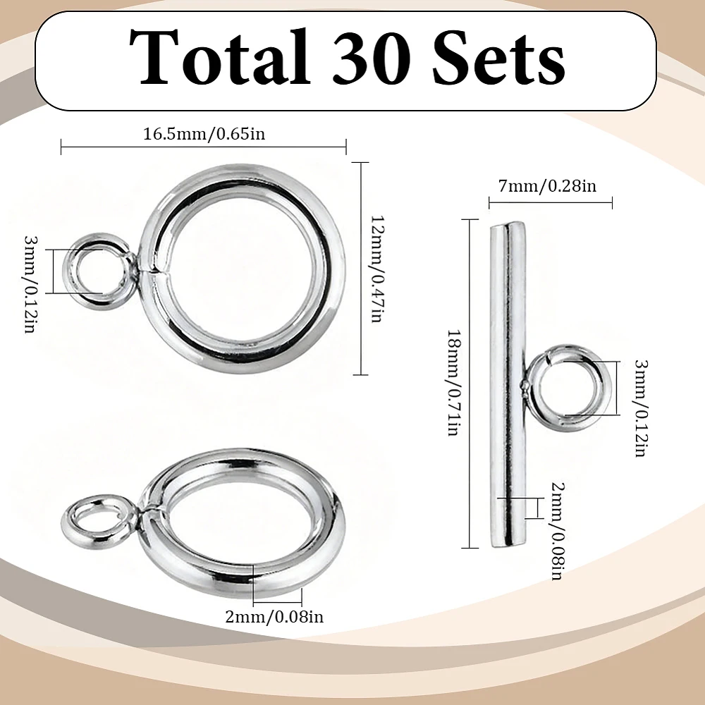 1 Box 30 Sets Stainless Steel Toggle Clasps Silver Toggle Clasp Metal T Bar Closures Round Rings Links Connectors Findings