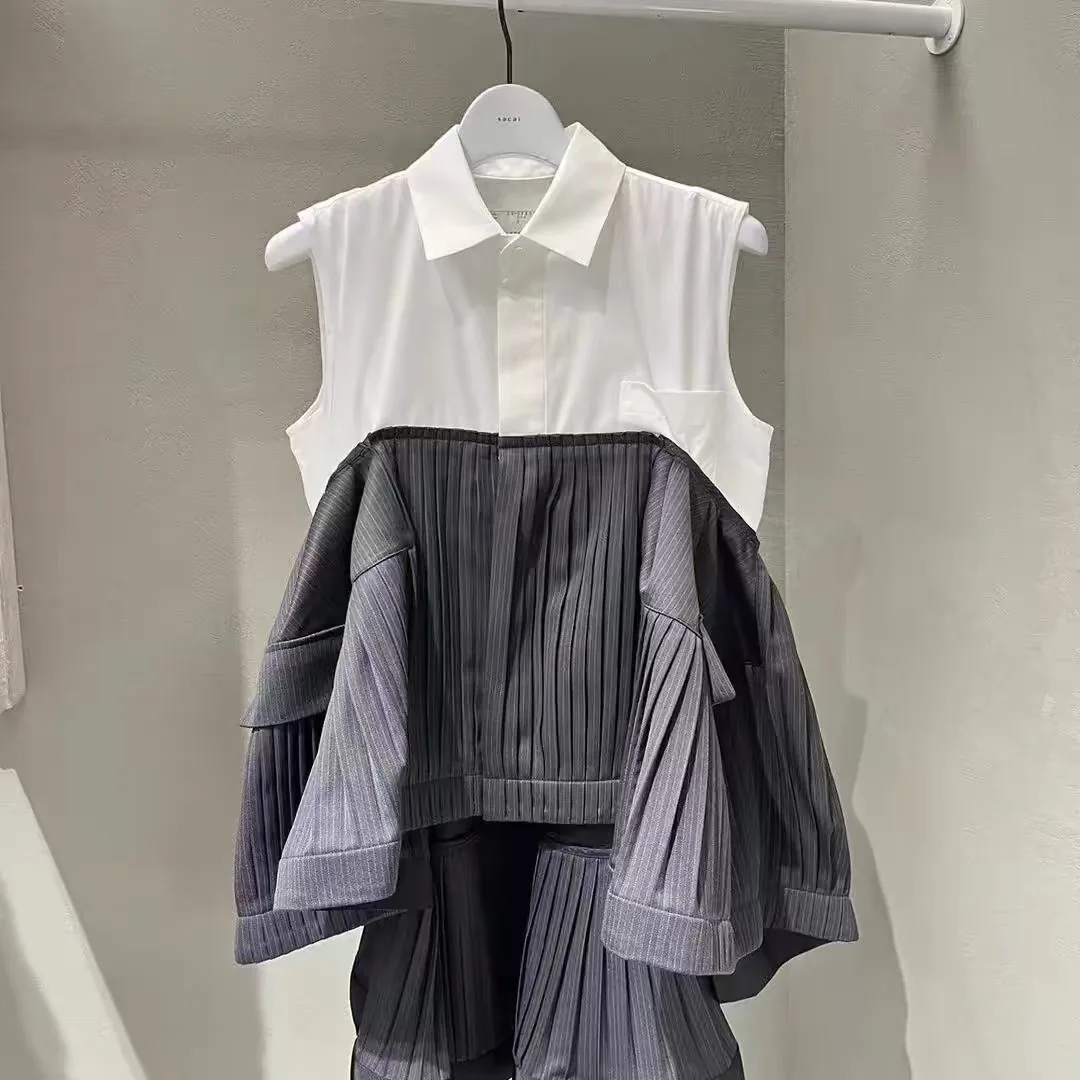 2025 spring and summer new lapel shirt collar patchwork denim pleated sleeveless top for women