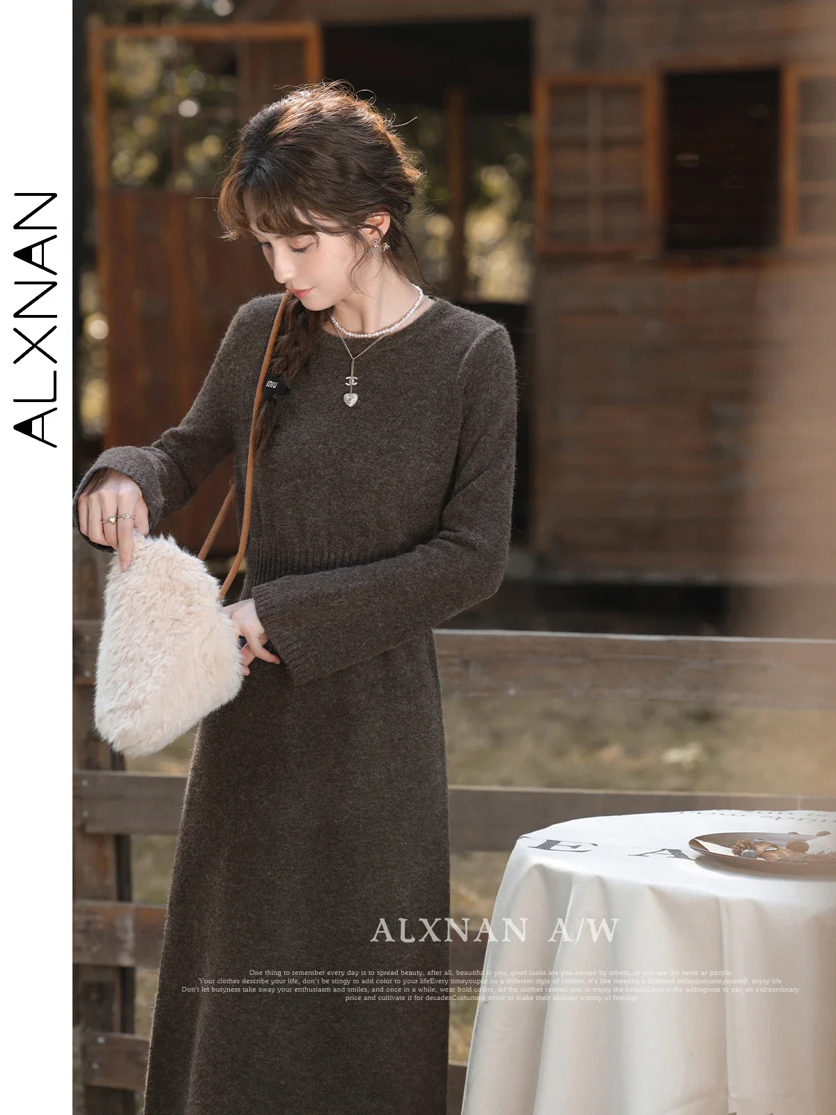 ALXNAN Women\'s Gentle Knitted Dresses 2024 Fall Winter A-line Round Collar Long Sleeve Elastic Waist Lady Commuter Dress L330161