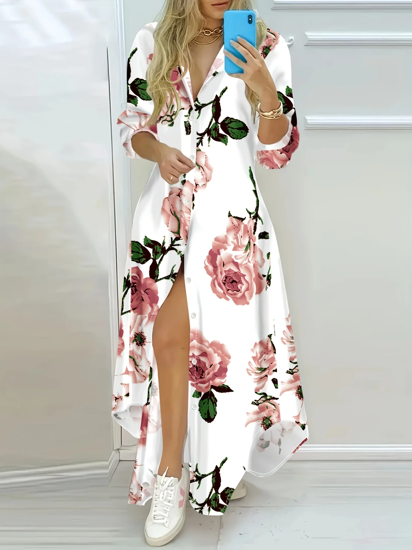 Damen-Kleid mit langen Ärmeln und Blumendruck, Urlaubsstil, rosa Sommerkleid, lässiges A-Linien-Kleid, leichtes, fließendes Kleid für Damen