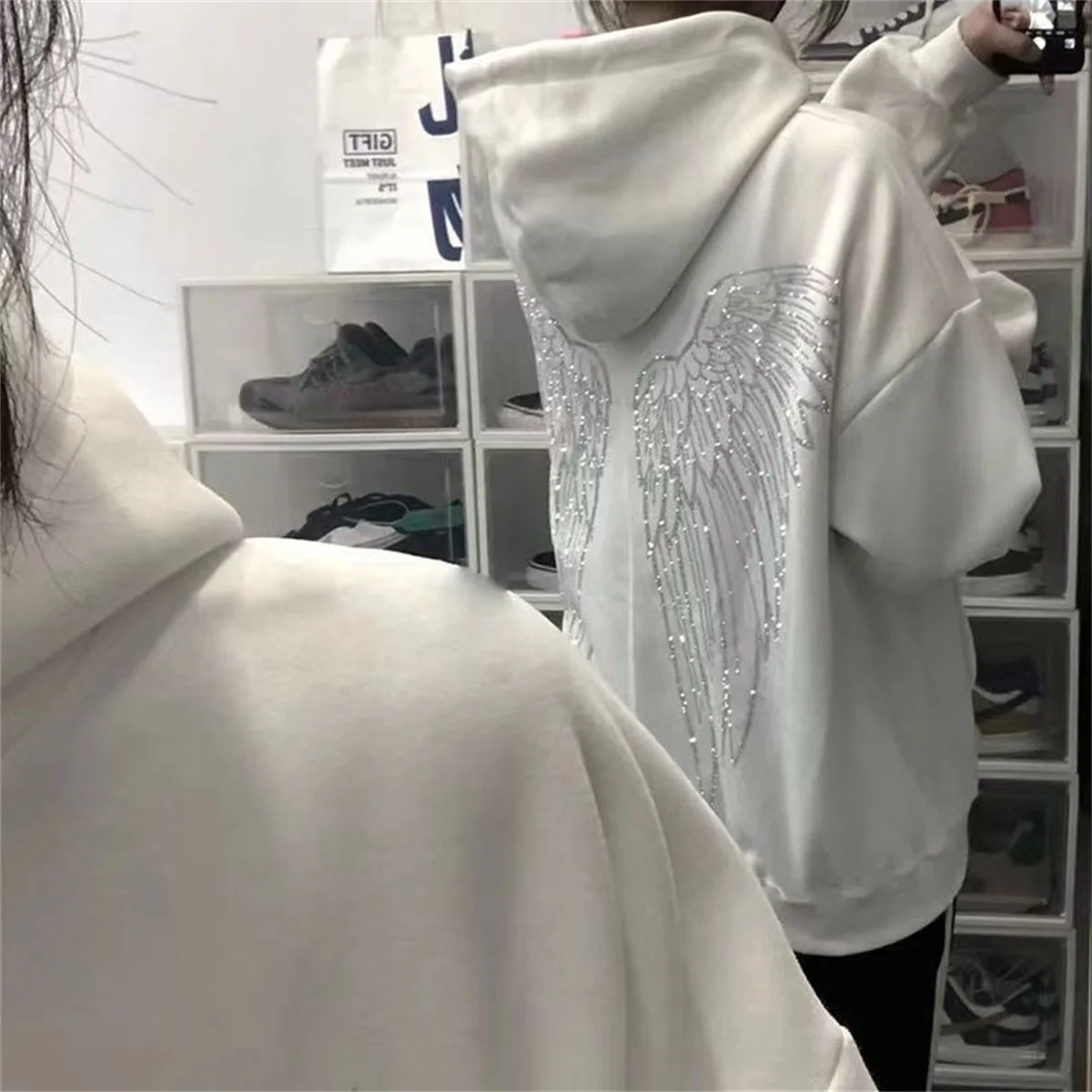 Fashion Diamonds Wings Print Hoodie Women Winter Autumn Black Tops Ulzzang Hip Hop Harajuku Pullover Hooded Hoodie Sweatshirts