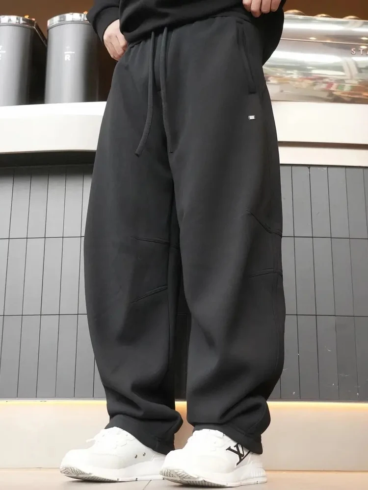 

Новые зимние тяжелые повседневные брюки, мужские свободные универсальные лоскутные брюки с вышивкой, прямые брюки длиной до пола