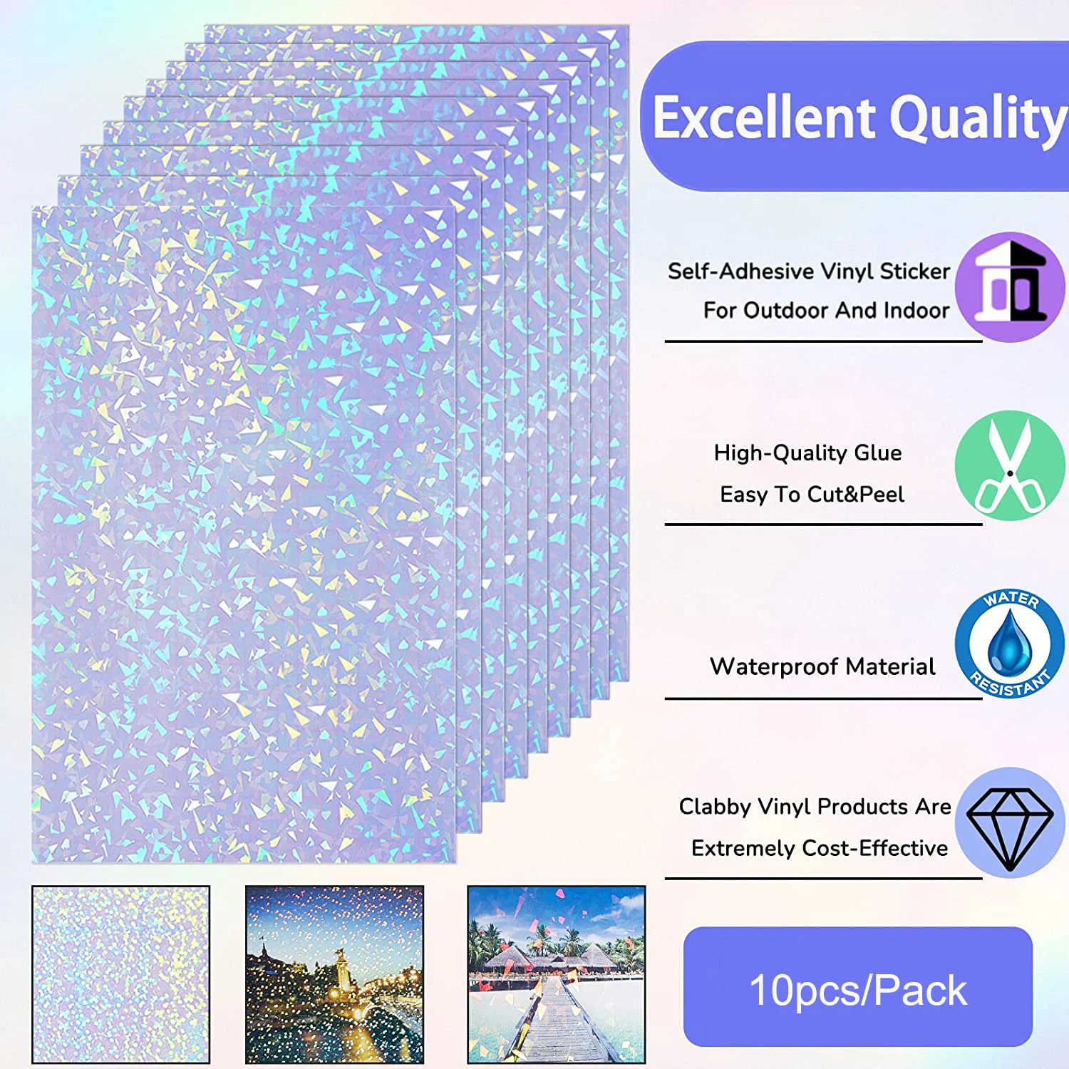 10pcs A4 Holographic Cold Lamination Film Sheets Self Adhesive Holo Sticker Sheet Heart Stars Broken Glass Gem Snowflake Glitter