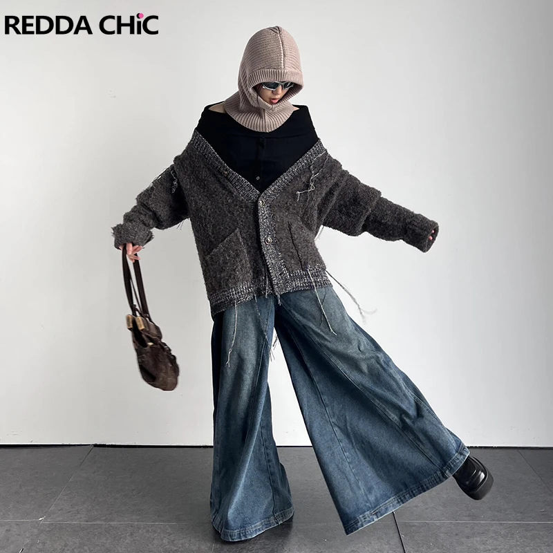 REDDACHiC Denim Blue Elephant Bell Bottoms Women Whiskers Do Old Patchwork Seam Oversized Flare Jeans Grunge Harajuku Streetwear