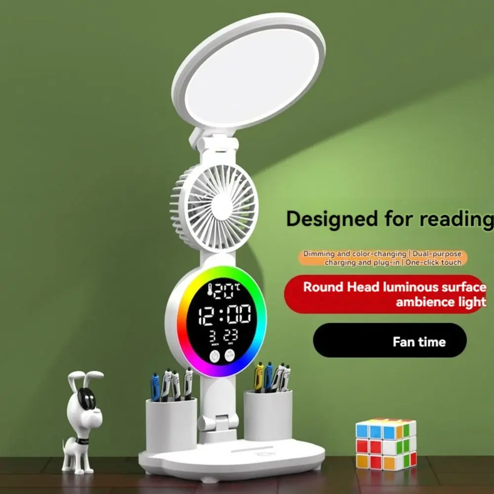 

3 Colors LED Table Lamp USB Touch Dimming Penholder Desk Lamp Eye Protection with Fan&Time Date Tabletop Reading Lamp Bedroom