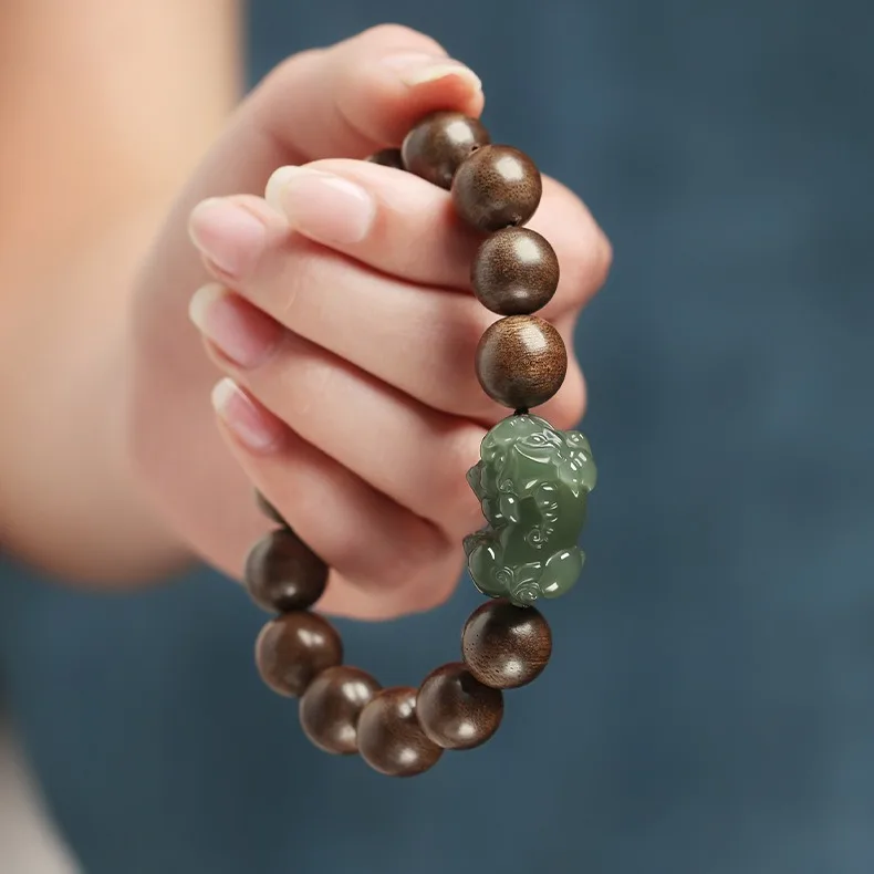 Authentic Brunei Agarwood Submerged Grade Men's Buddhist Bead Bracelet Hetian Jade Pixiu Sandalwood Prayer Gifts