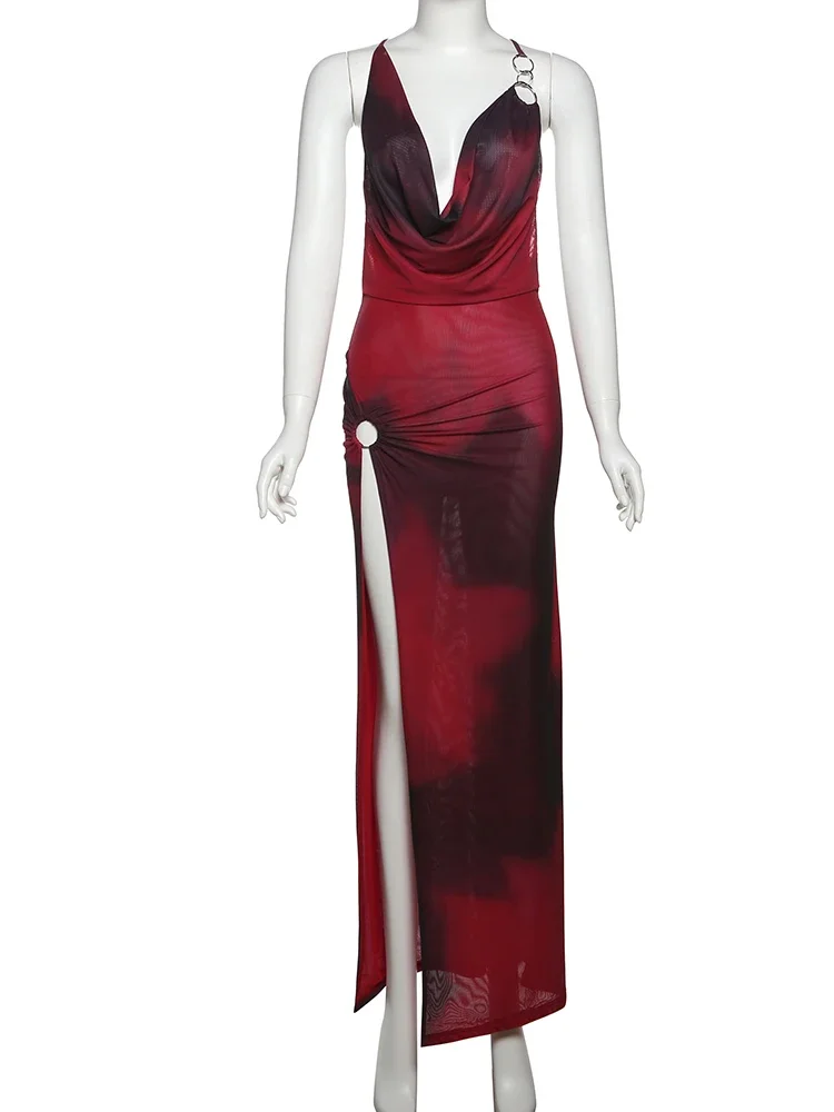 kliou Mesh Panelled Women Maxi Dress Sexy Thin Sheer High Split Halter V-neck Backless Straight Long Robe Mujer Vacation Wear