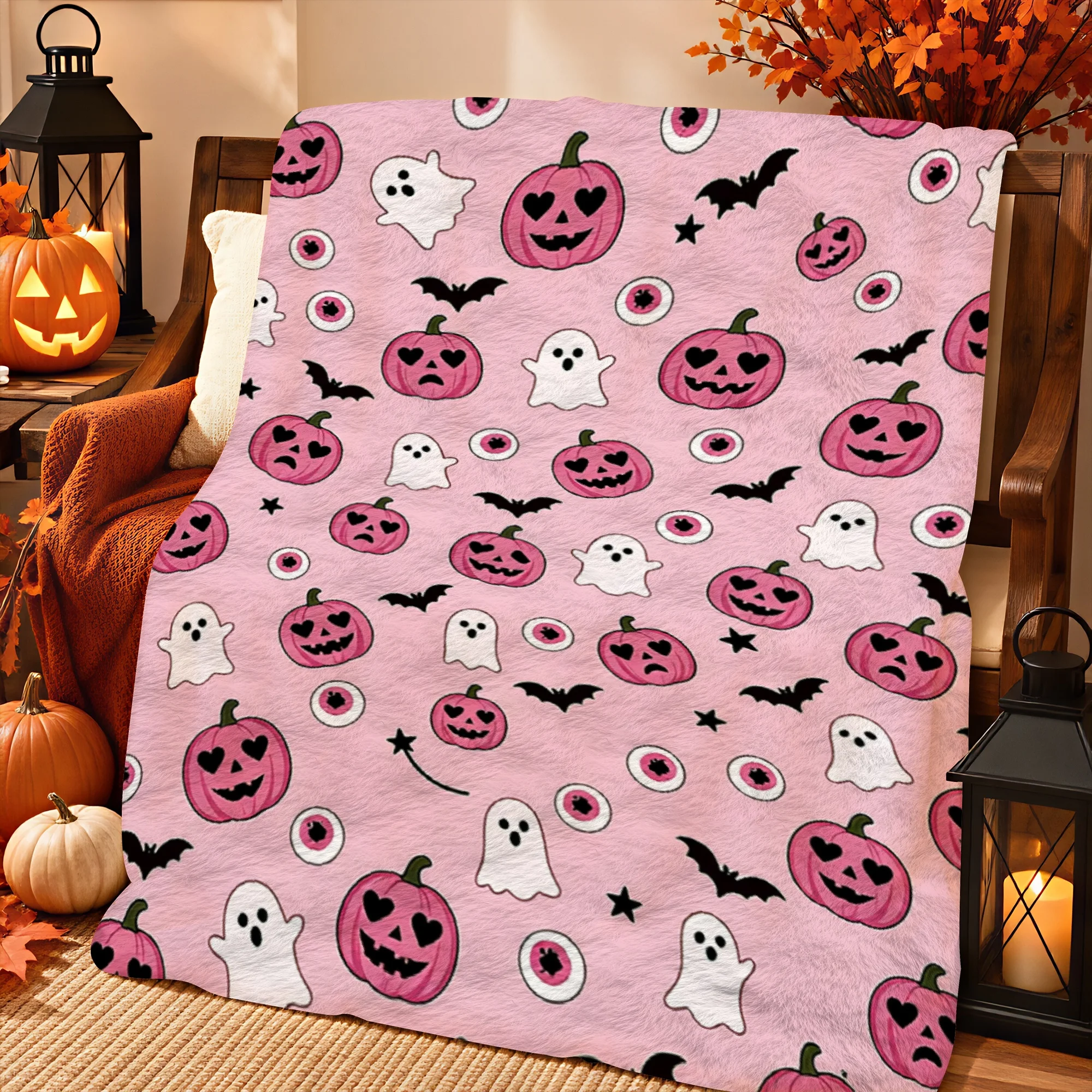 1pc 2D Printed Halloween Throw Blanket Light Pink Background with Pink Pumpkins Hearts White Ghosts Black Bats Eyeballs Soft War