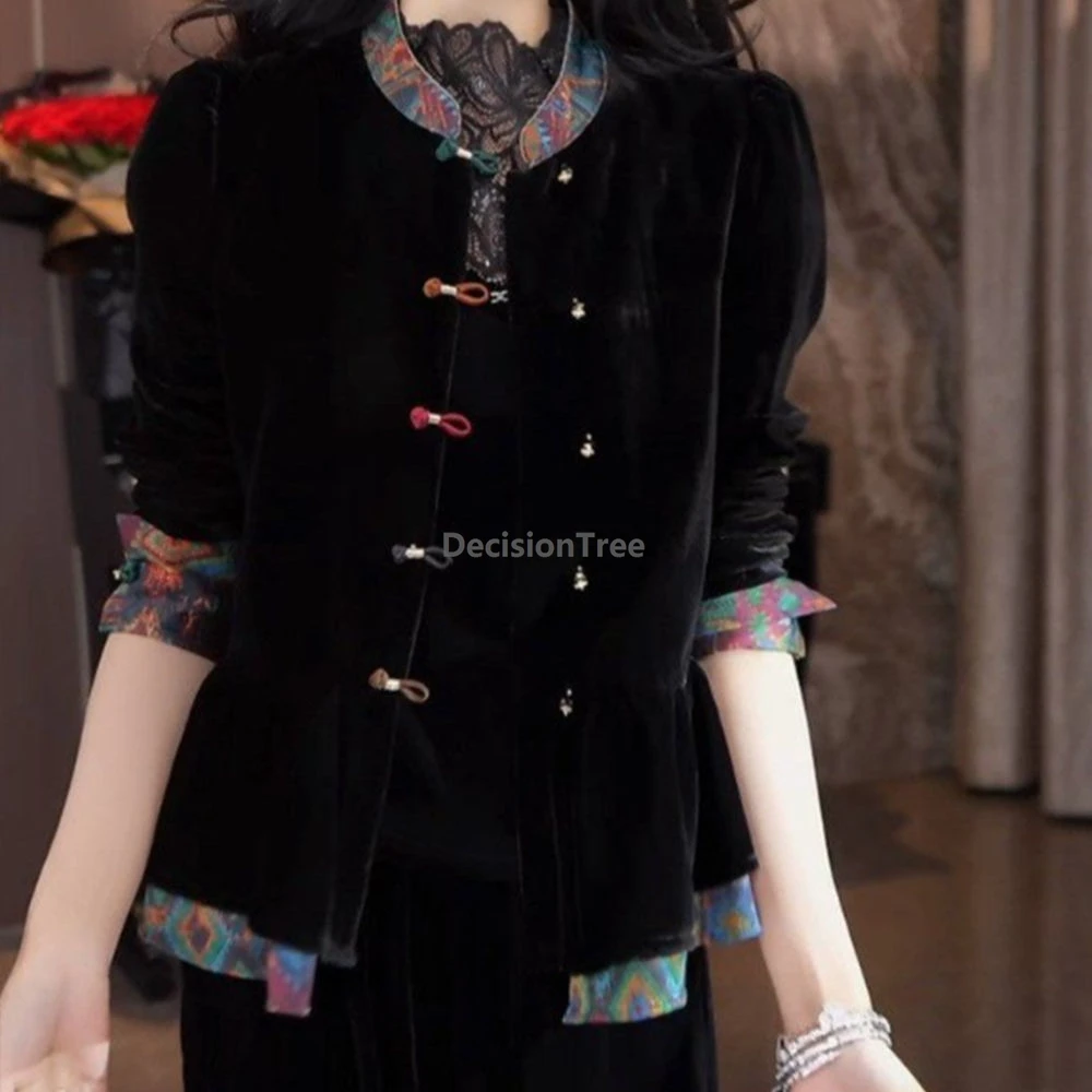 

2025 temperament women's new autumn garment retro chinese style chic disc buckle tang suit coat trendy printed stand collar coat