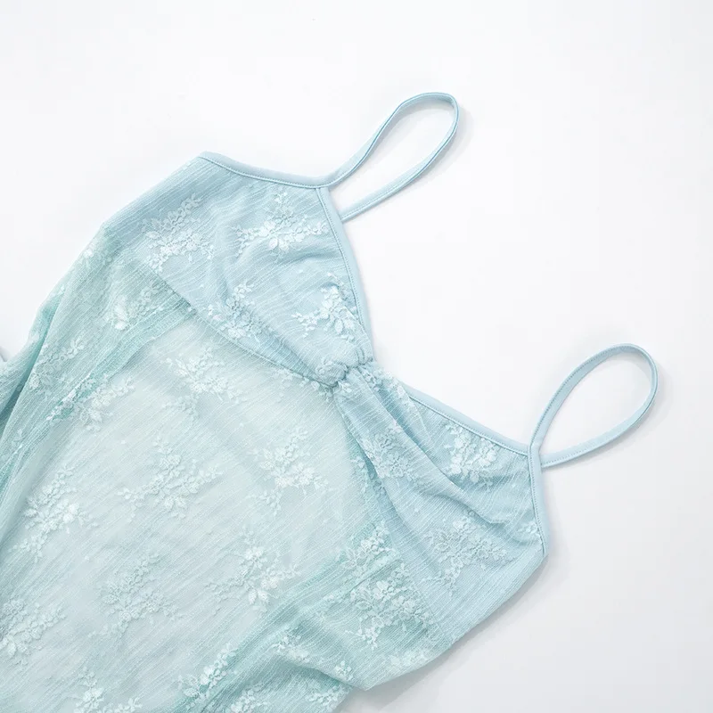 See Through Lace Mesh Patchwork Camisole Maxi Dress Women Sexy Ruched Spaghetti Straps Backless Draped Bodycon Long Party Robe