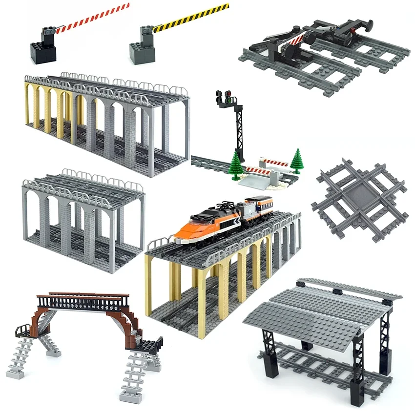 City Train Tracks Trein Track Rails Straight Curved Railway Building Blocks Train Station Bridge Brick Signs Signal Lights Model