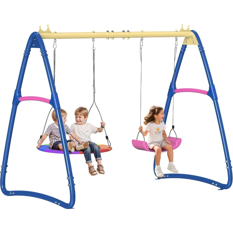 

Metal Swing Sets for Backyard 2-Seat Saucer Swing with Stand Belt Heavy Duty Frame for Outdoor Swingset Outdoor for Backyard Pl