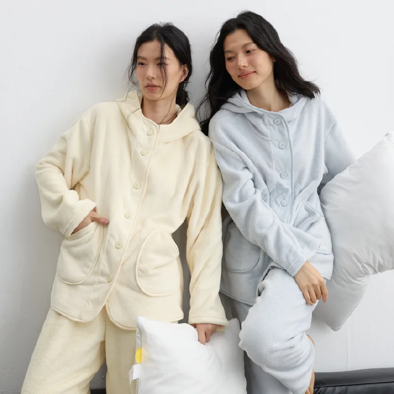 thickened-autumn-winter-sleepwear-women's-color-warm-button-hooded-open-cardigan-set-fleece-lined-pocket-outerwear-home