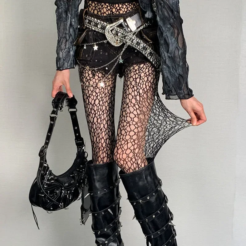 Damskie seksowne rajstopy średnia siatka wysokiej talii jedwabne pończochy Punk Gothic nieregularna siatka kabaretki drążą rajstopy subkultura czarny