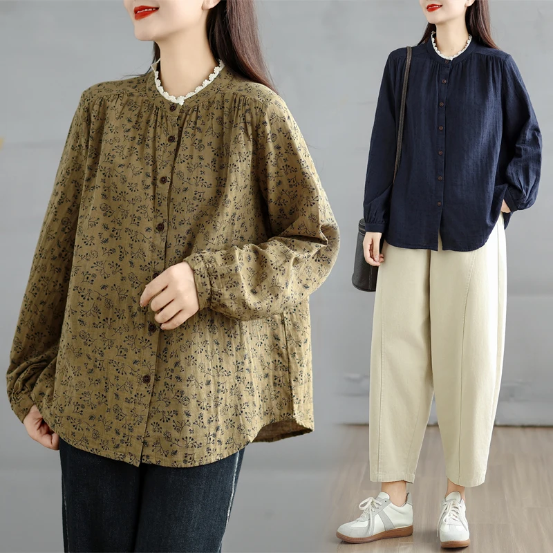 Casual Allentato Lungo Sve Stampa floreale irt Sle da donna Autunno Top Comodo misto cotone poliestere Vestibilità regolare irt