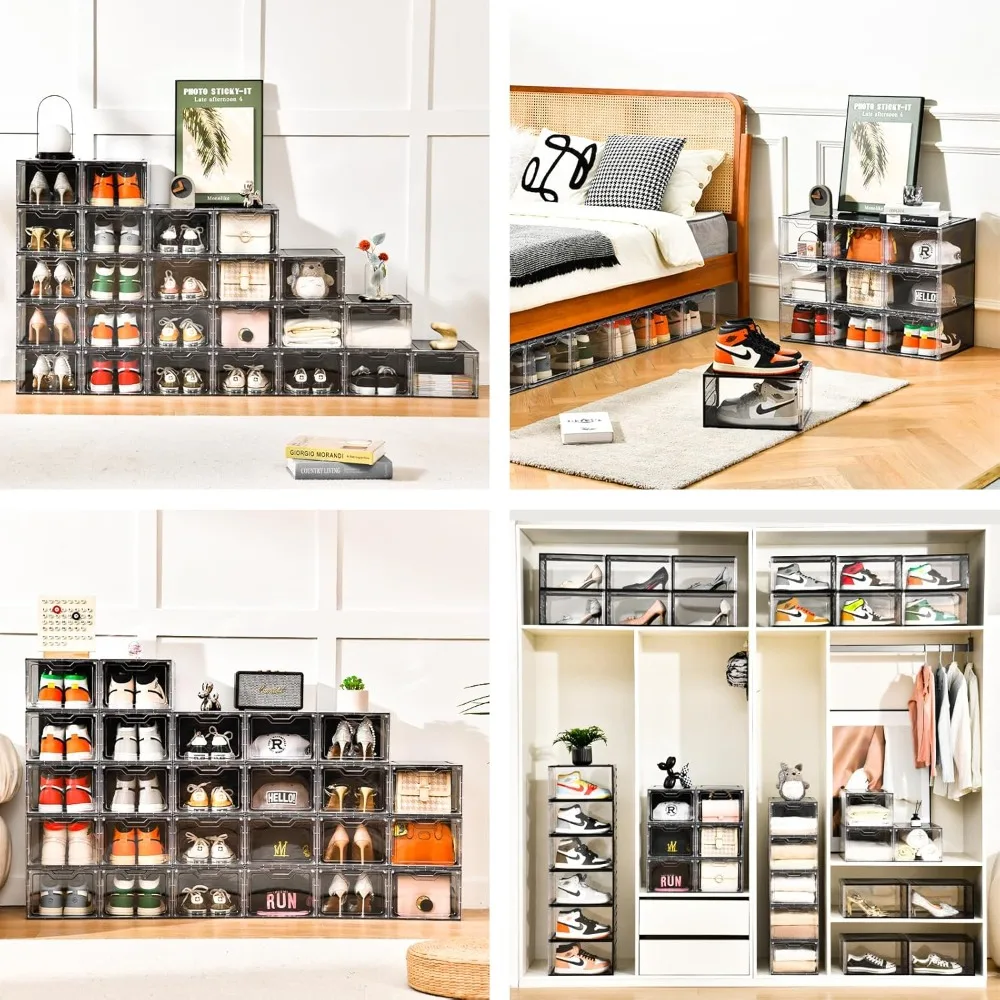 جديد - منظم أحذية كبير جدًا، منظم تخزين الأحذية، 12 عبوة، صندوق أحذية بلاستيكي شفاف قابل للتكديس، قطرة أمامية