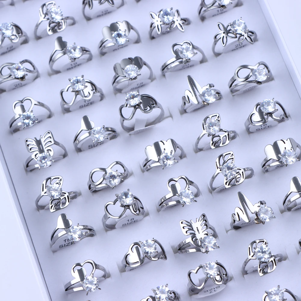 10/20/50Pcs/Lot Fashion Classic Zircon Hollow Stainless Steel Ring Women Mixed Style Wedding Engagement Jewelry Party Gifts