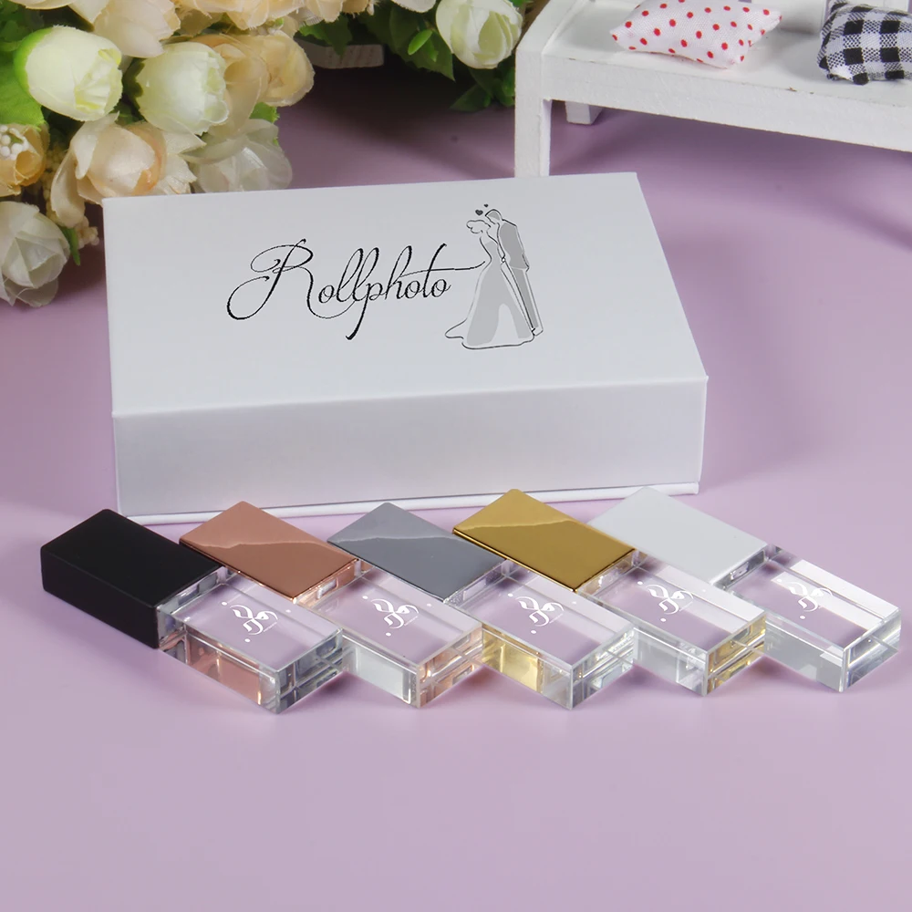 USB 3.0 Новый бесплатный индивидуальный логотип Кристаллический флэш-накопитель с подарочной коробкой Pendrive 16 ГБ Memory Stick Pen Drives 32 ГБ 64 ГБ Свадебные подарки