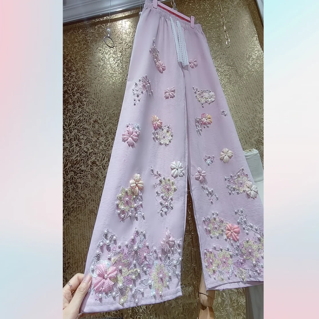 Luxury Woman Bright Pink 3D Flowers Embroidery Petal Flower Rhinestones Thin Pants Fairy Pink Sun Protection Wide Legs Trousers